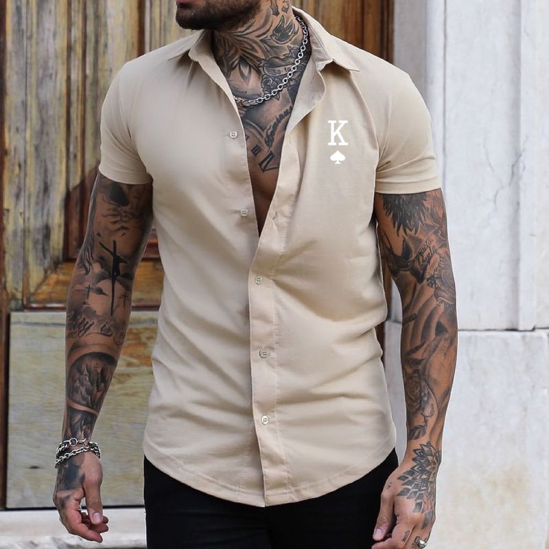 Men's Short Sleeved Shirt Fashion Digital Printing Color Matching Casual Slim Short Sleeved Shirt_voghion.com
