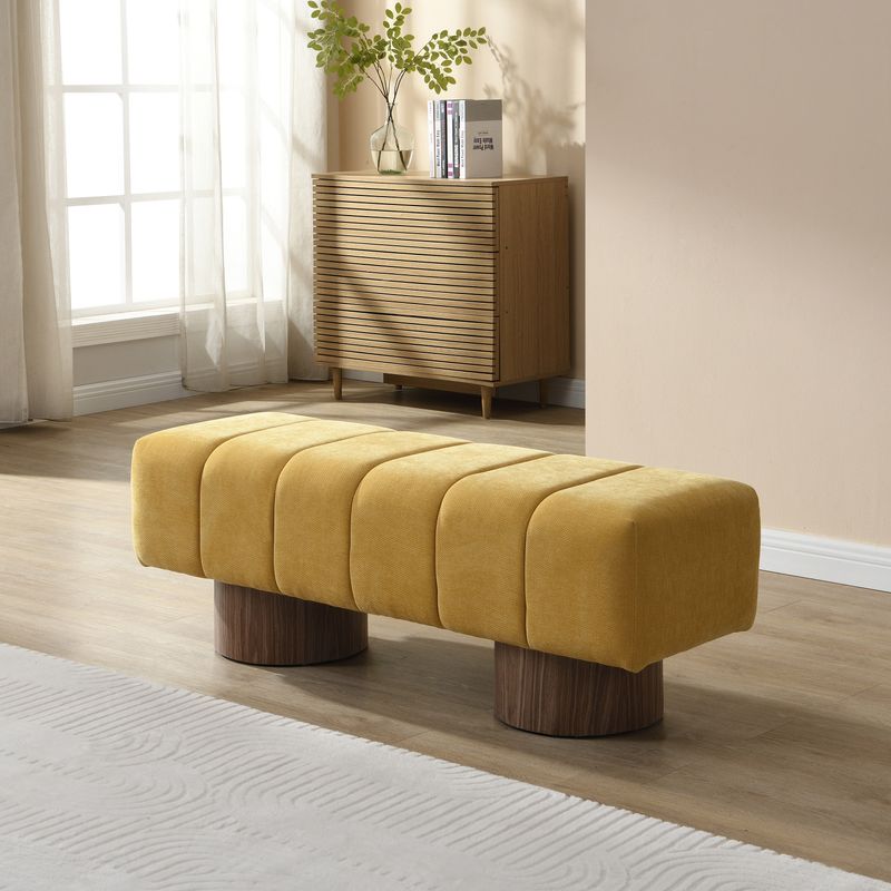 Upholstered Dining Bench For Dining Room, No-Assembly End Of Bed Entryway Bench Ottoman For Bedroom Living Room, Yellow Chenille Fabric Stool Top Wood Leg 300 LBS Weight Capacity_voghion.com