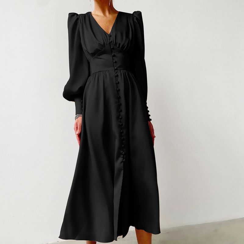 Abbigliamento donna Autunno e Inverno Gonna lunga da donna Scollo a V Cross-Border Vendita calda Abito in raso con vita a palazzo retrò per le donne_voghion.com