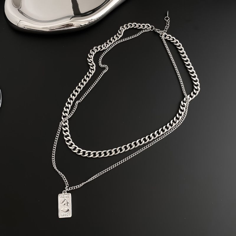 Double Layer Stacked Square Pendant Titanium Steel Necklace For Men, Versatile And Non-Fading, High-End Clavicle Chain_voghion.com