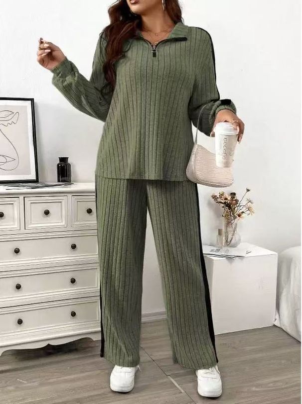 Damenbekleidung, stylisches zweiteiliges Outfit mit Kapuzenpullover und Hose mit weitem Bein, Fledermausärmel, gerippter Strickstoff, Übergrößen erhältlich (Grau, Armeegrün)_voghion.com