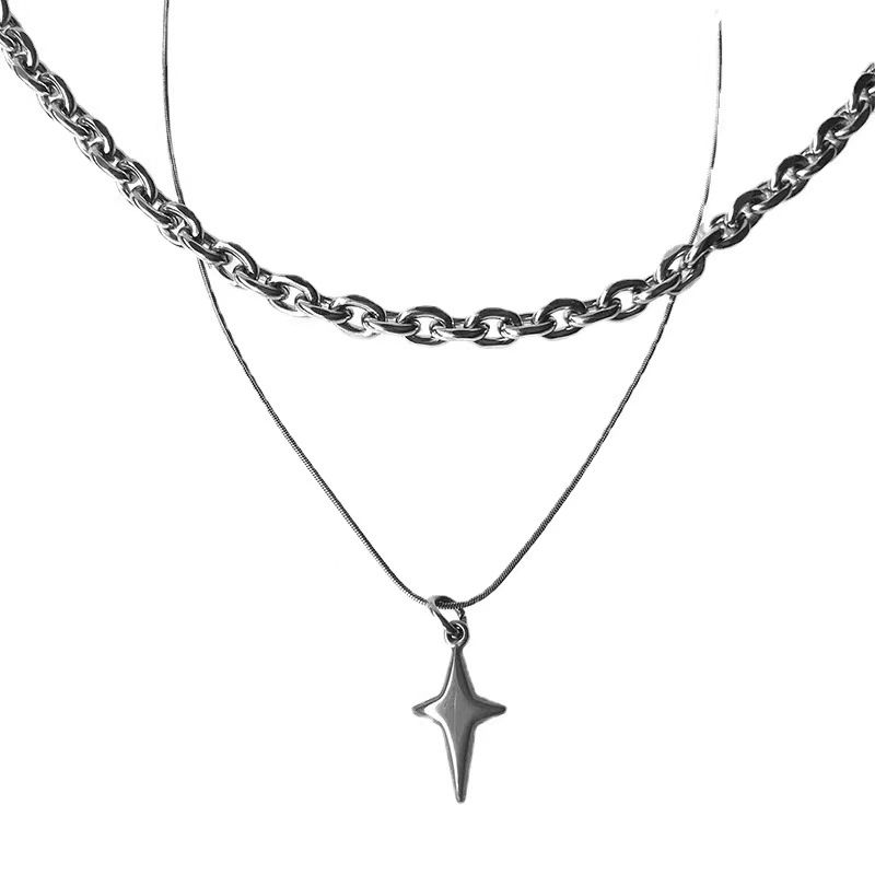 Collana con croce in acciaio al titanio e metallo, per donna, con clavicola a forma di nicchia cubana e stella a quattro punte._voghion.com