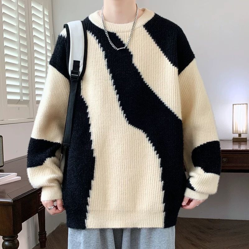 Men's Color Block Sweater - Oversized Geometric Knit Pullover With Drop Shoulder, Trendy Streetwear Crewneck Jumper For Teens & Young Adults_voghion.com
