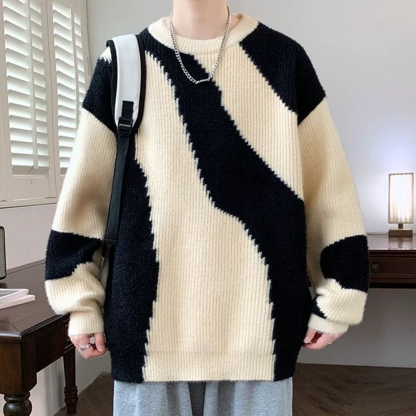 Men's Color Block Sweater - Oversized Geometric Knit Pullover With Drop Shoulder, Trendy Streetwear Crewneck Jumper For Teens & Young Adults_voghion.com
