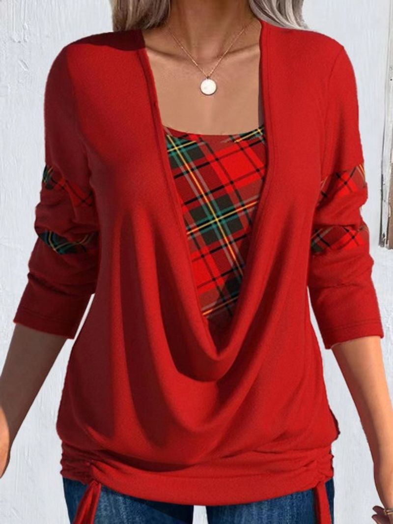 Vêtements pour femmes, imprimé contrasté, couleur unie, manches longues, grand col tombant, ample plissé, faux haut deux pièces_voghion.com
