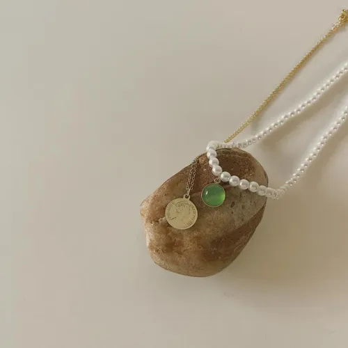 Hanger kettingen 2 stuks/set goudkleurige parel munt groene opaal ketting voor vrouwen gotische ketting dubbele laag boho kraagjes_voghion.com