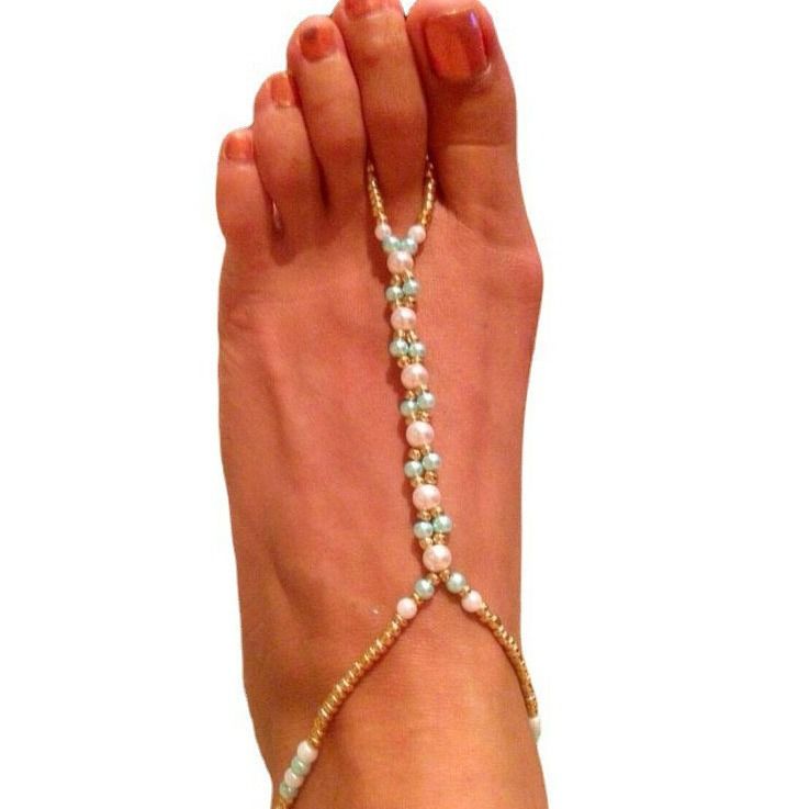 Sommer Strand Perlen Fußkettchen Böhmische Blaue Und Weiße Perle Farbblock Fußschmuck Barfußschuhe_voghion.com