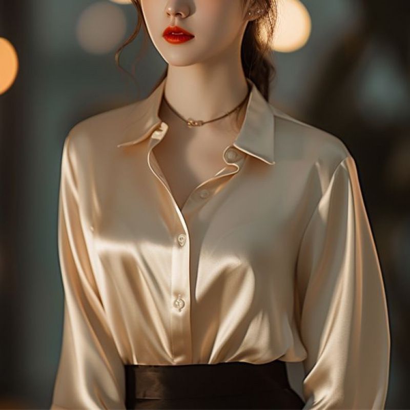 ​Elegant Grey Acetate Satin Blouse For Women - Long Sleeve -Inspired Silk-Like Shirt With Polo Collar (S-3XL, Loose Fit, Office & Casual Wear)​_voghion.com