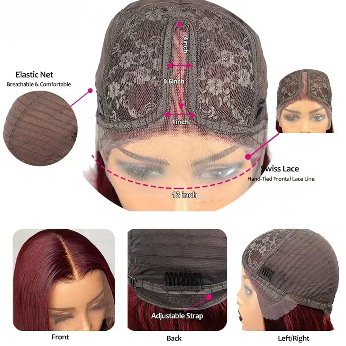 Parrucca Bob Corta Lisci Parrucche Capelli Umani 180% Densità Borgogna T Part Parrucche Pizzo 1B 99J Capelli Brasiliani Remy_voghion.com