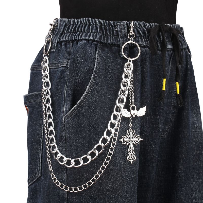 Catena per pantaloni punk minimalista in metallo, croce personalizzata, ali a forma di cuore, catena per il corpo_voghion.com