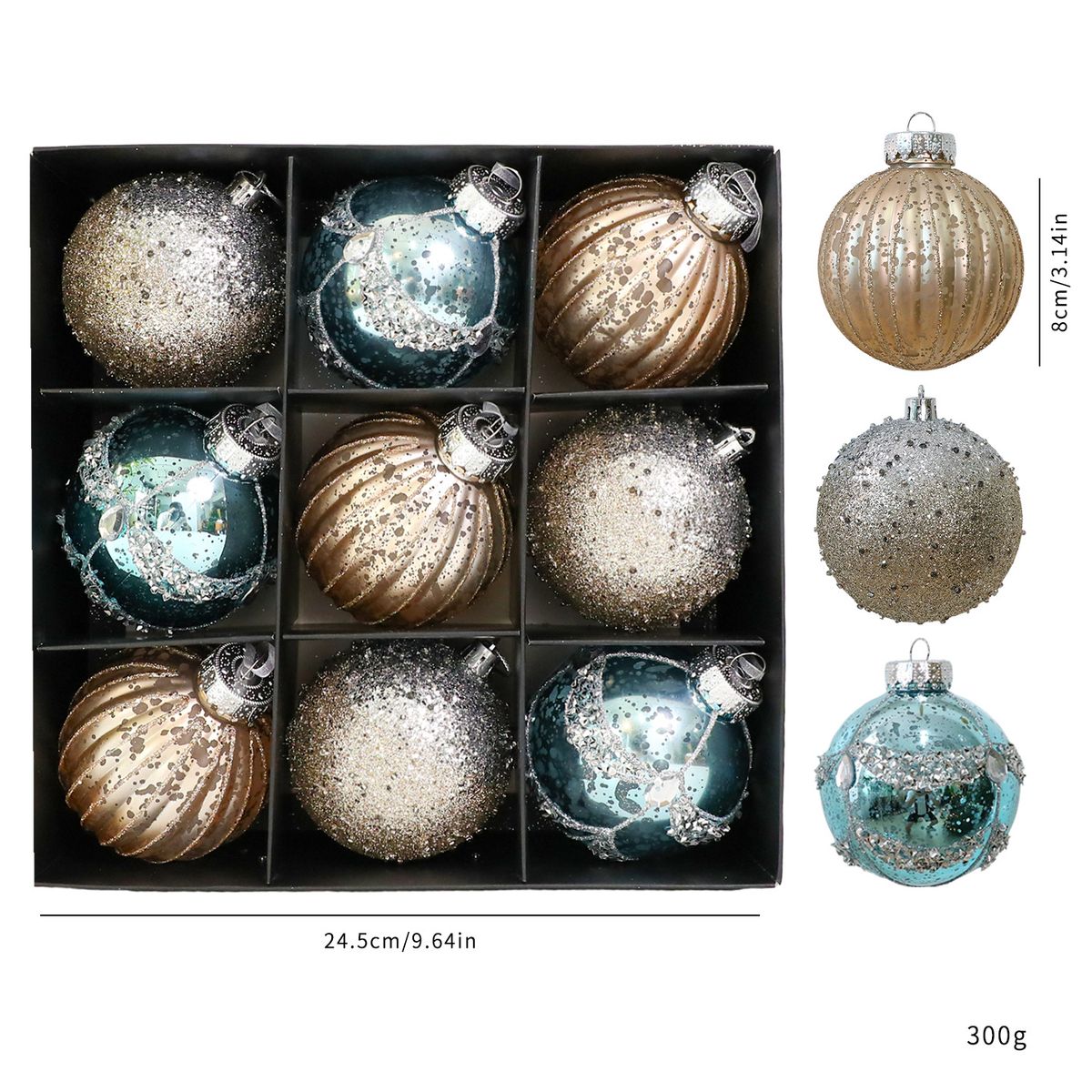 8 cm Kunststoff-Ornament-Set – 9-teiliges dekoratives Geschenkbox-Set für Feiertage und Partys (Rot/Grün/Champagner/Blau)_voghion.com
