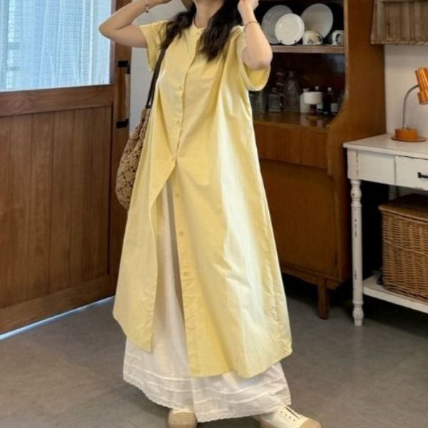 Kadınlar İçin Sarı Tek Göğüslü Kısa Kollu Elbise Yaz 2025 Yeni Bol Zayıflama Tembel Stil Günlük Basit Takım_voghion.com
