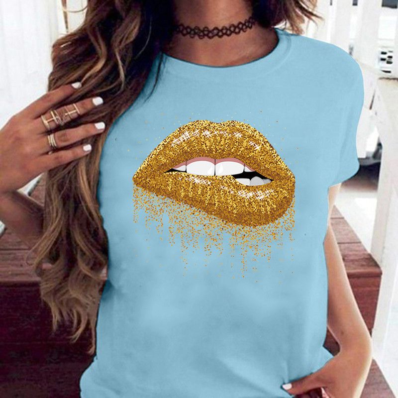 Damenbekleidung 3D-gedrucktes Rundhalsoberteil mit Mundmuster, kurzärmeliges T-Shirt für Damen_voghion.com