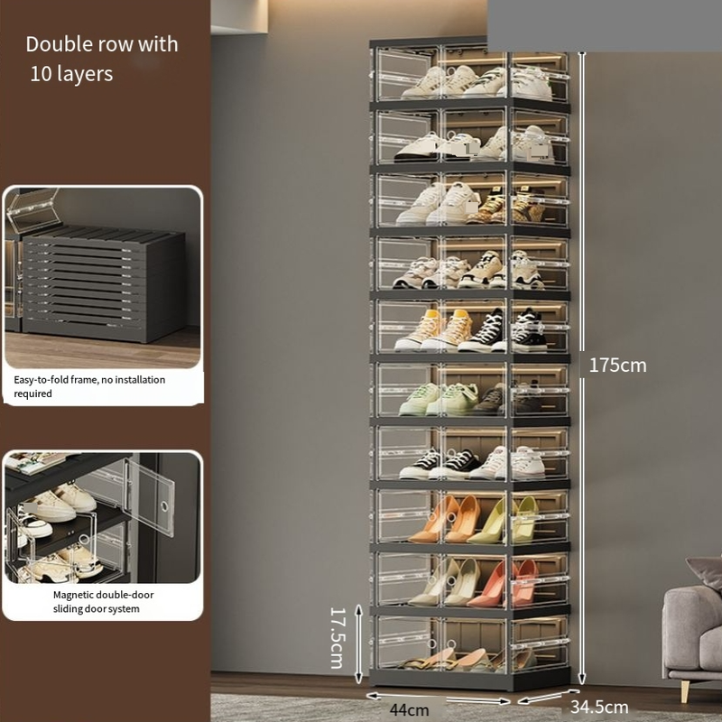 ​Foldable Shoe Organizer No Assembly Required Pull To Open Multi-Layer Large Capacity Shoe Storage Box Plastic Transparent Design_voghion.com