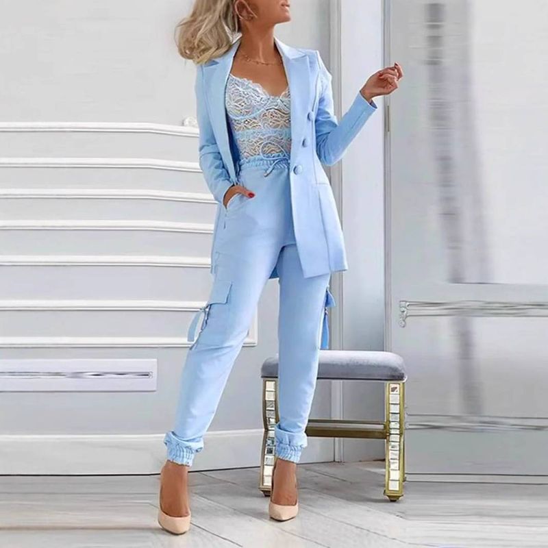 Women's Clothing Elegant Solid Color Blazer & Tapered Pants Suit Set - Professional Office Wear For Business Casual Occasions (Blue, Sizes S-XXL)_voghion.com