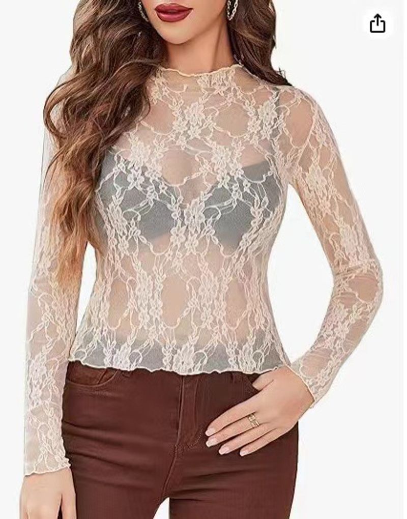 Top da donna, maniche lunghe, collo alto, camicia trasparente, top in pizzo floreale trasparente, hanno un vero colpo_voghion.com