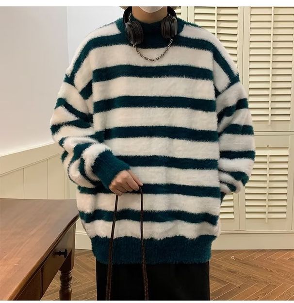 Neuer vielseitiger und einfacher gestreifter Halbhochhalspullover für Männer im Herbst und Winter, dicker Innenstrickpullover_voghion.com