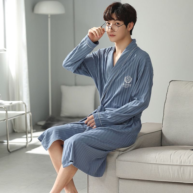 New winter nightgown sleeved cardigan cotton loose fitting men's sleepwear medium long strap home wear spring and autumn_voghion.com