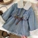 Giacca in morbido denim foderata in pile per bambine - Caldo cappotto invernale lungo con cintura staccabile, stile coreano alla moda per bambini piccoli e ragazzi (3-8 anni)_voghion.com