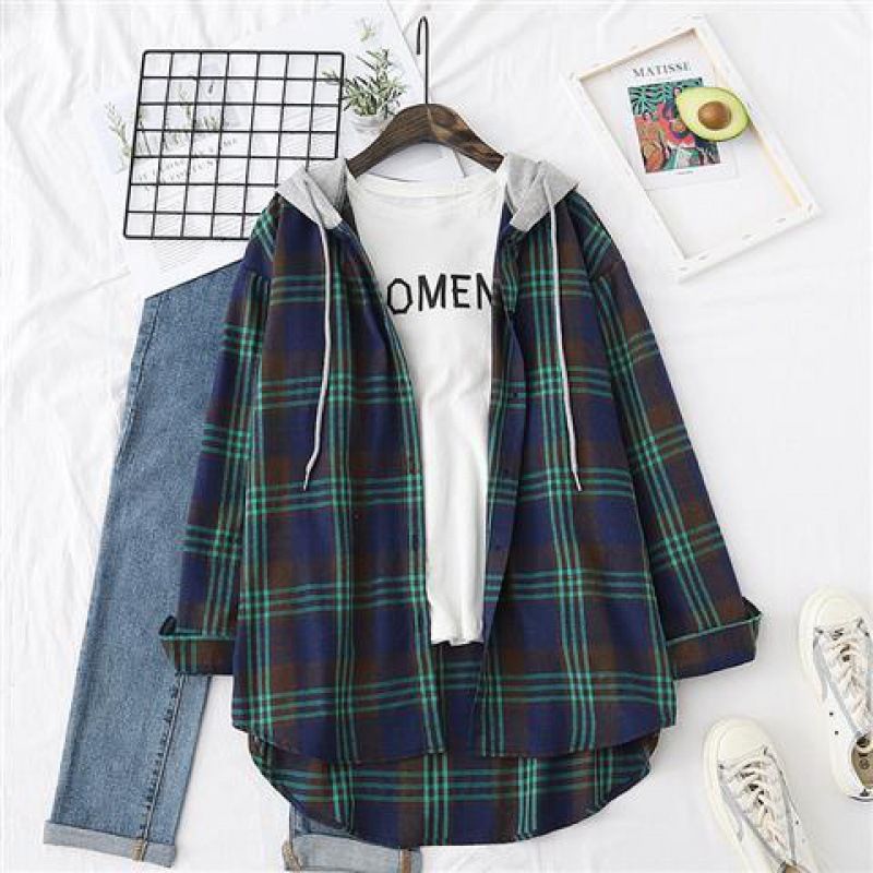 Dameklær Vår, sommer og høst rutete skjorter for kvinner Retro Hong Kong-stil med løs cardiganjakke med hette_voghion.com