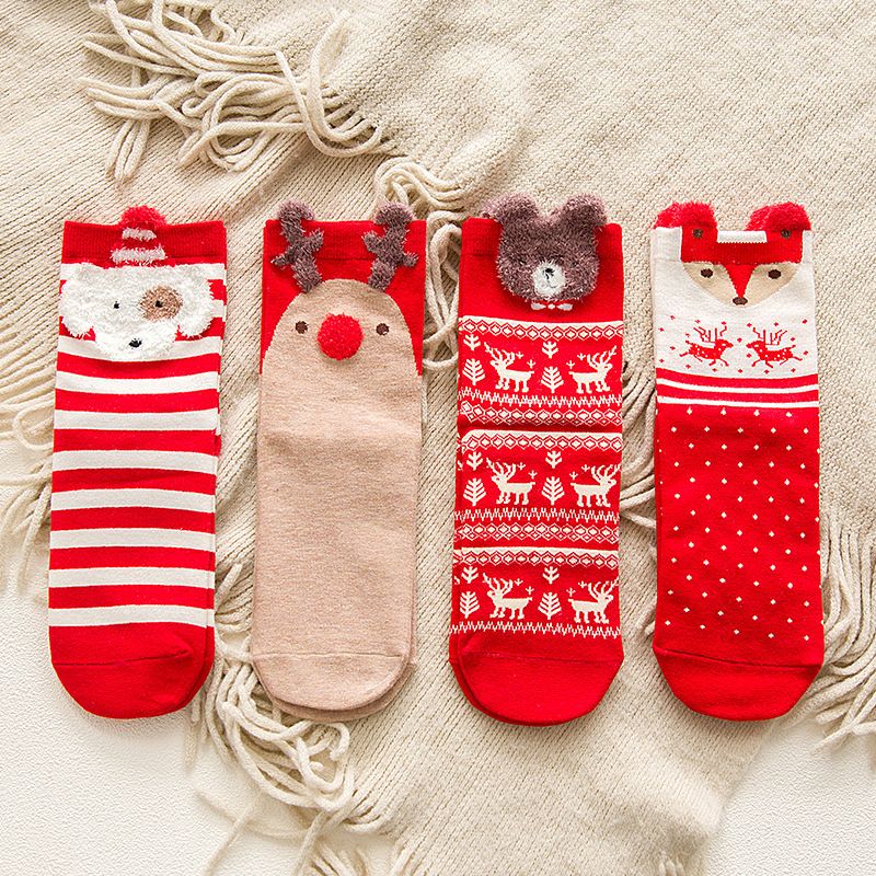 Christmas sock Autumn and winter big Red socks 4 pairs of three-dimensional cartoon Christmas socks cute elk ladies mid-tube socks_voghion.com