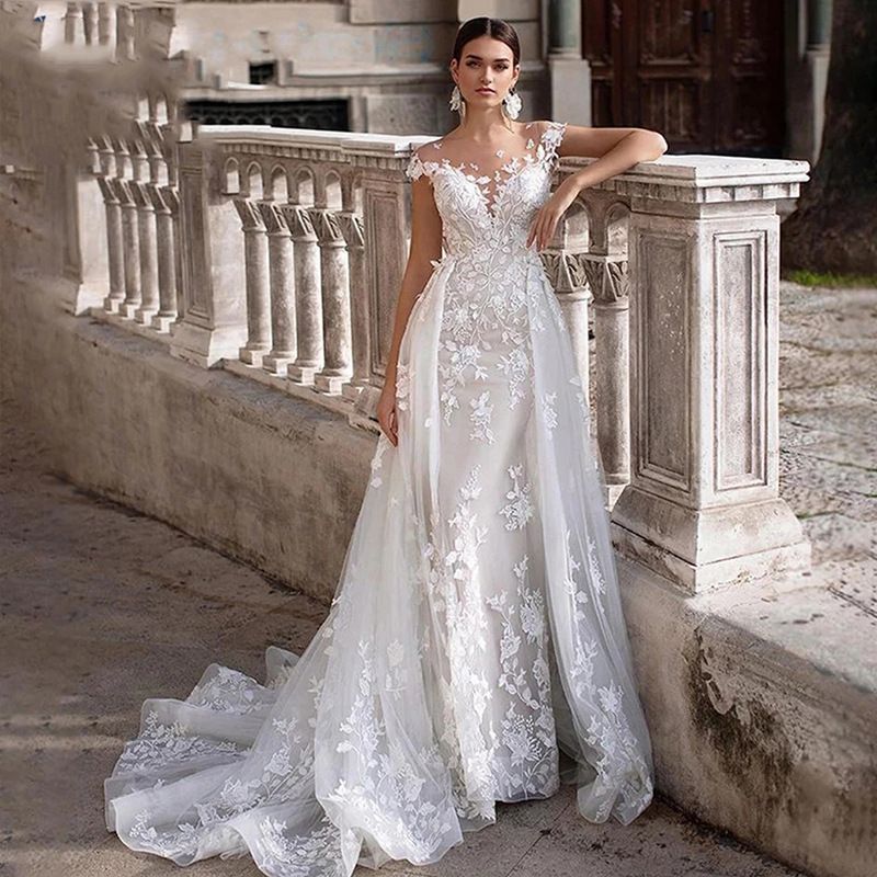 Îmbrăcăminte pentru femei Rochie de mireasă din dantelă stil nou, visător, cu gât rotund, pește de slăbit, mireasă albă, rochie de mireasă, două articole de îmbrăcăminte pentru femei_voghion.com