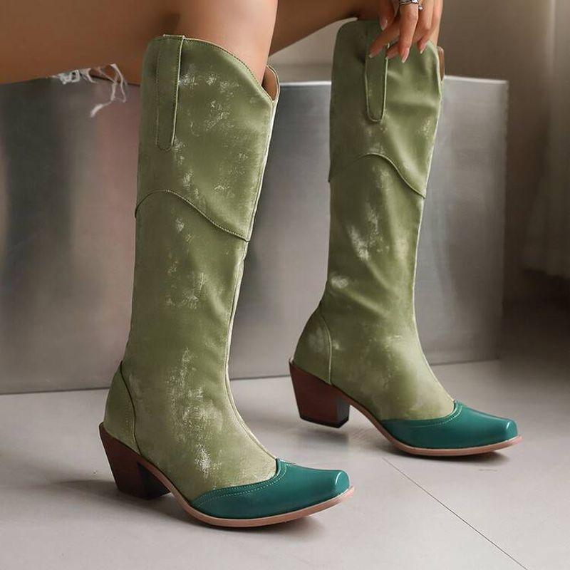 Western cowboy støvler mode firkantet tå chunky mid-leg slip-on plus size high leg mode støvle kvinde_voghion.com