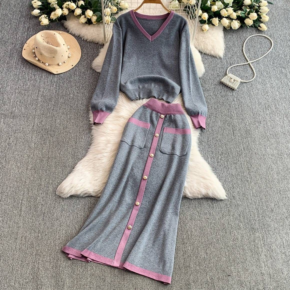 Women's Autumn Casual Oversized V-Neck Knit Top + Single Button Slim Fit Pencil Skirt Two-Piece Set (Grey/Black/Camel, One Size)_voghion.com