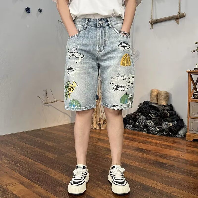 Abbigliamento maschile Pantaloncini in denim strappati lavati Pantaloni casual hip hop larghi dritti da uomo Ink Splash Five Point_voghion.com