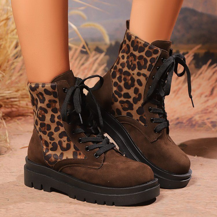 Fashionable Women's Chunky Sole Round Toe Ankle Boots With Leopard Print & Lace-Up Design - Comfortable Mid Heel Boots_voghion.com
