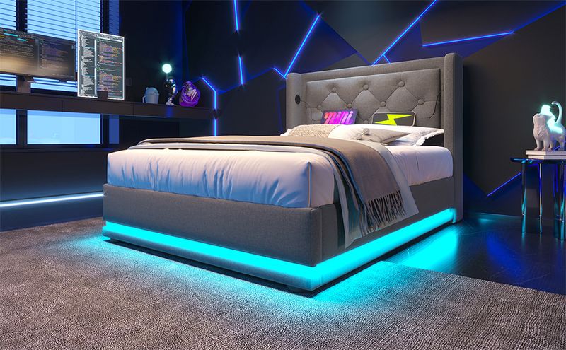 Polsterbett Doppelbett 90*200 Cm,Grau Baumwolle-Material Hydraulisches Stauraumbett, Gepolstertes Kopfteil Mit USB Typ-C Ladefunktion, 3-seitige LED-Funktion(Mit Matratze)_voghion.com