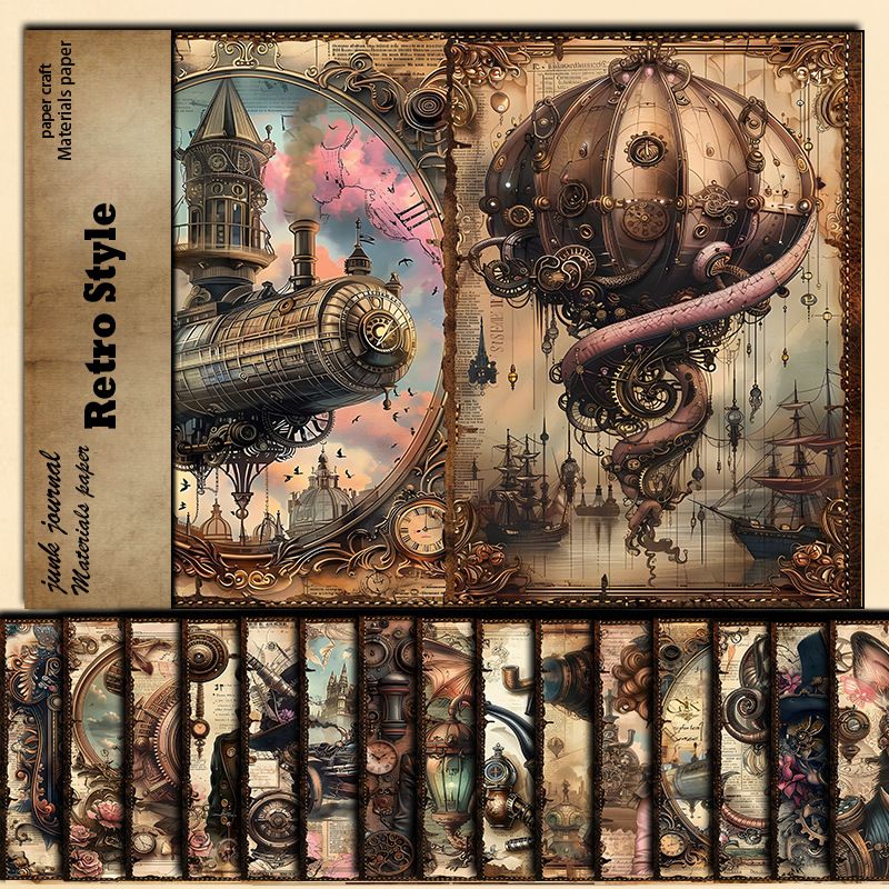 Stationery Sticker Retro Abstract Mechanical Style Pattern Weird World 15 Sheets Of Material Paper Handbook Stickers DIY_voghion.com