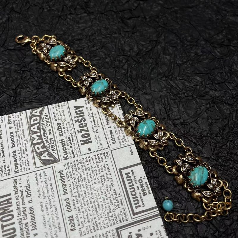 Bracciale in stile palazzo vintage, in lega di turchese pesante, con perle antiche intarsiate, stile western_voghion.com