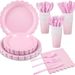Set di stoviglie per feste in pizzo rosa per bambine, decorazioni in tinta unita, bicchieri di carta usa e getta, piatti di carta, tovaglioli di carta_voghion.com