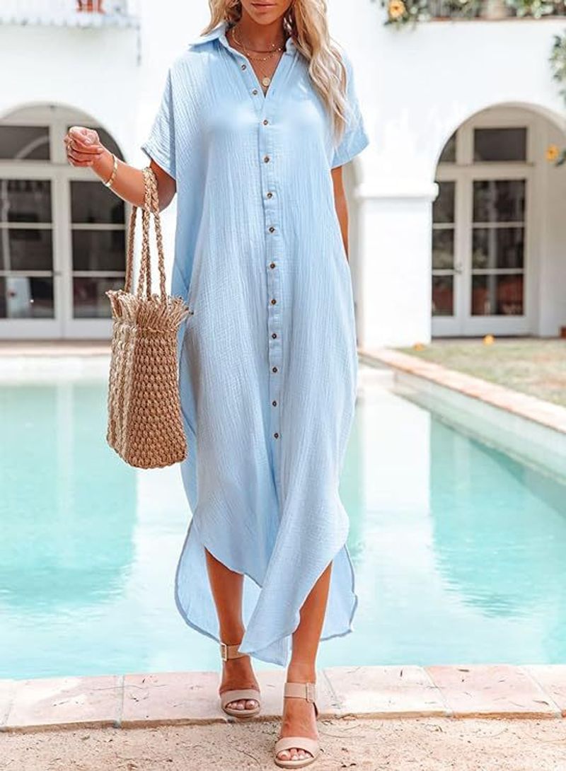 Dametøj Sommer Ny Kortærmet Kimono Skjortebluse Mode Afslappet Lang Strandskjorte_voghion.com