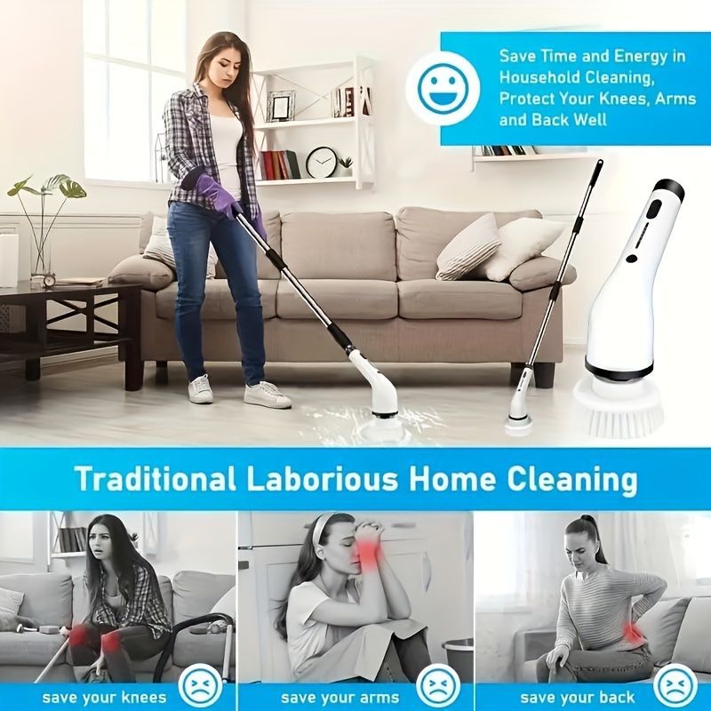 Electric Cleaning Brush, Replaceable 8 Brush Heads And Adjustable Extended Handle, 2 Adjustable Speeds, Rechargeable Shower Brush, 360 Degree Brush, USB-C Charging Cable_voghion.com