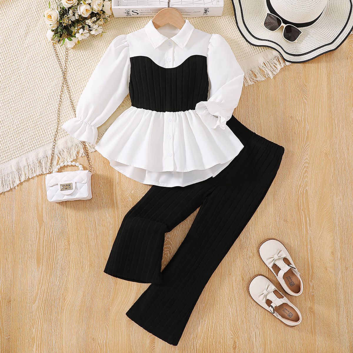 Anne ve Çocuk Dış Ticaret Kız Çocuk Takım Elbise Dantel Örme Yelek Patchwork Gömlek Küçük Stil Uzun Kollu Üst Örme Pantolon Çocuk İki Parça Takım Elbise_voghion.com