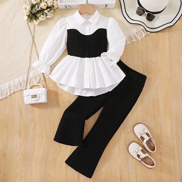 Anne ve Çocuk Dış Ticaret Kız Çocuk Takım Elbise Dantel Örme Yelek Patchwork Gömlek Küçük Stil Uzun Kollu Üst Örme Pantolon Çocuk İki Parça Takım Elbise_voghion.com