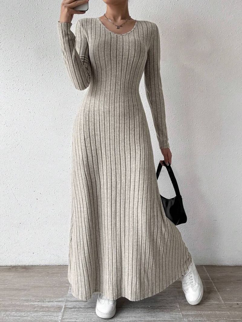 Kleid Abnehmen Mode Damen Gestrickt Einfarbig Ärmeln A-Linie Straße Langen Rock Kinder_voghion.com