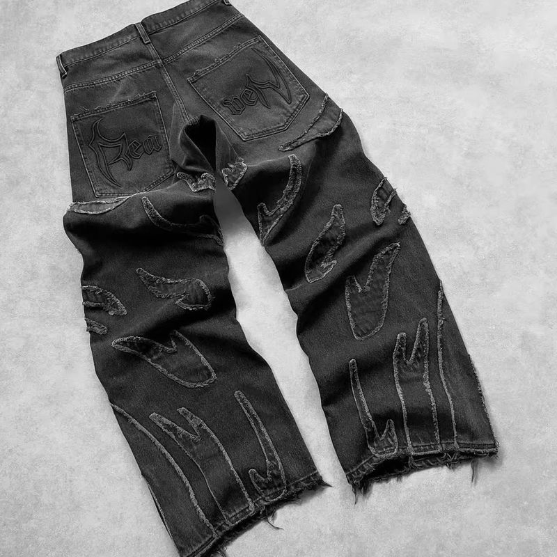 Men's Clothing Retro Country High Setting Retro Black Patchwork Hole Jeans Hip Hop_voghion.com