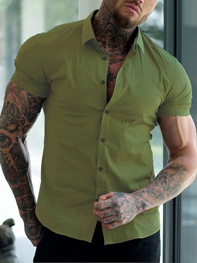 Summer slim fit solid color cardigan short sleeved youth casual shirt men's clothing_voghion.com