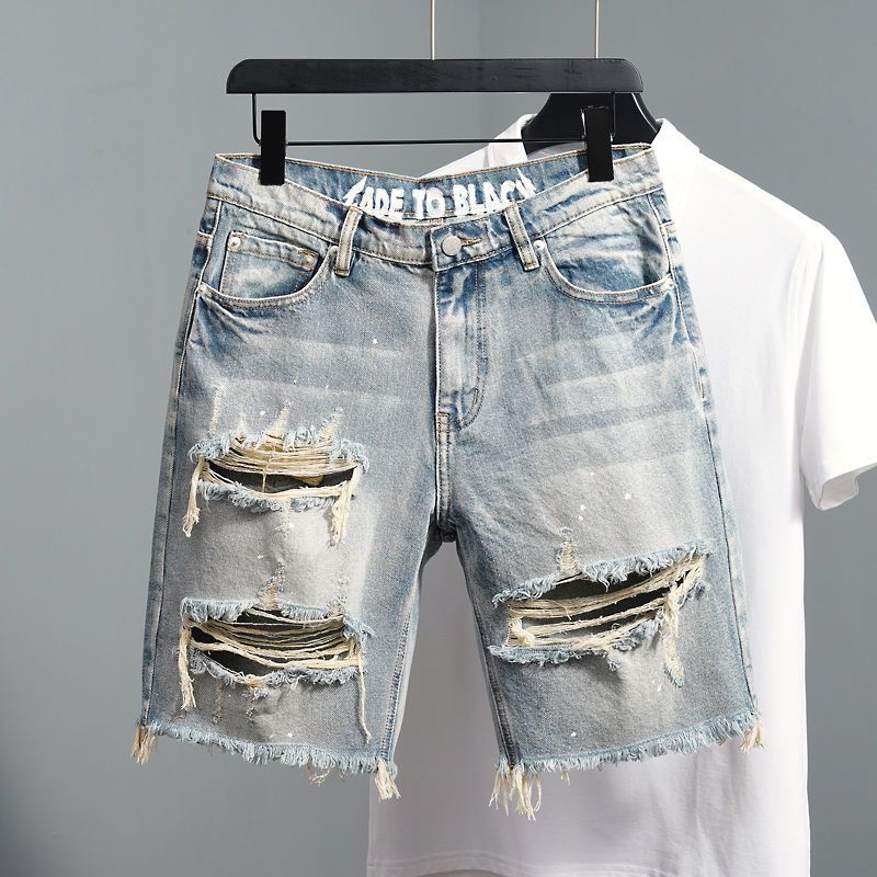 Pantaloni 5/4 estivi in ​​denim leggero e sottile, fori raschiati da uomo, marchio trendy con bordi grezzi, pantaloni 5/5 mendicanti_voghion.com