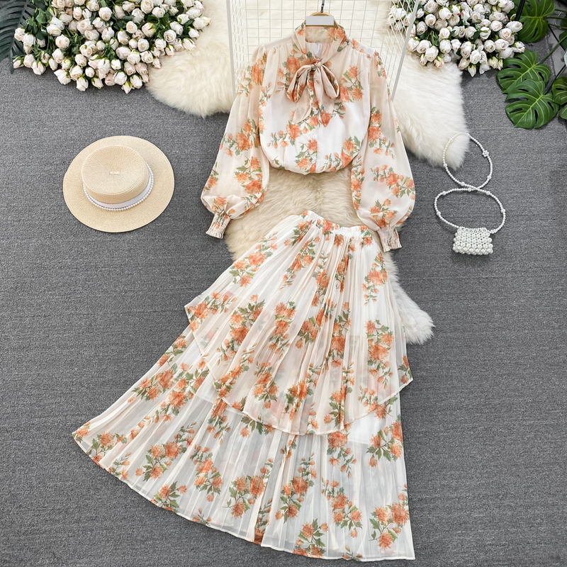 Women's Clothing light mature style, lantern long sleeves, bowknot, loose printed chiffon shirt, two-piece suit, high waist skirt_voghion.com
