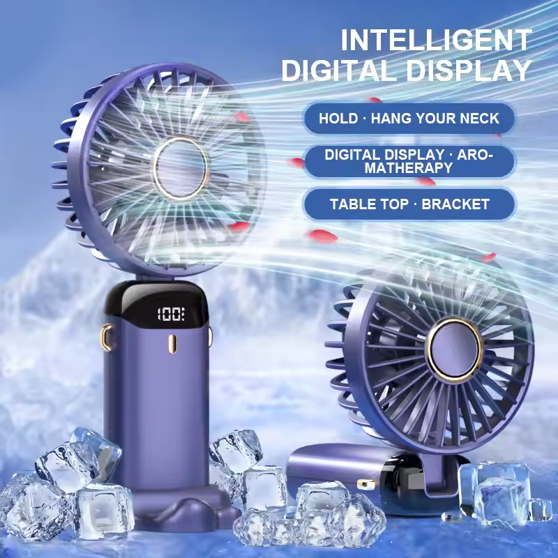 Przenośny mini wentylator USB, składany, przenośny, wiszący na szyi, wentylator 5-biegowy, ładowany przez USB, ze stojakiem na telefon i wyświetlaczem_voghion.com