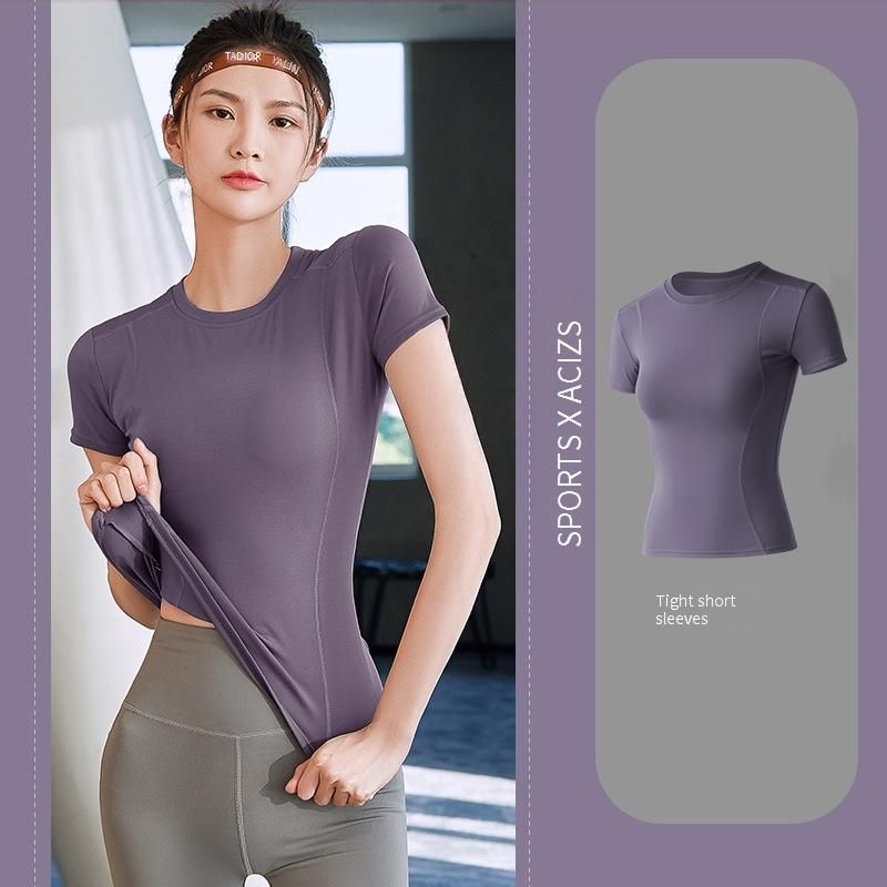 Dammekleeder Sport Tops Internet Promi Enk sëtzend Ofhuelend Kuerzärmlech T-Shirten Yogakleeder_voghion.com