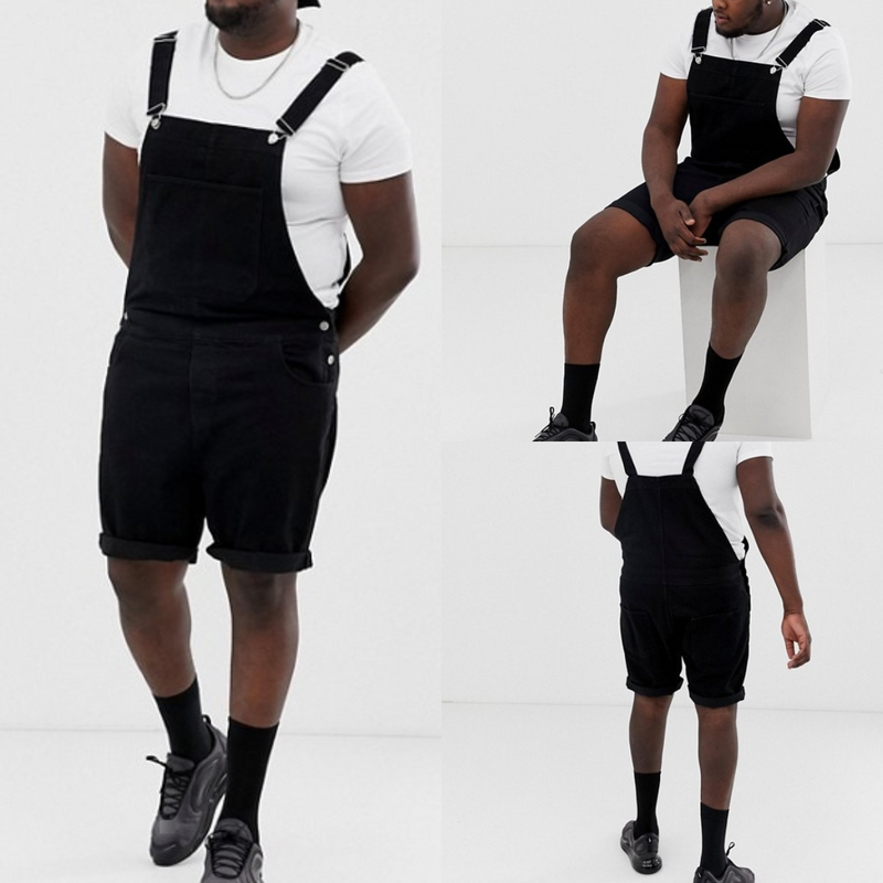 Men's Clothing Large Size Retro Men's Denim White Black Circle Shorts One Piece Overalls_voghion.com