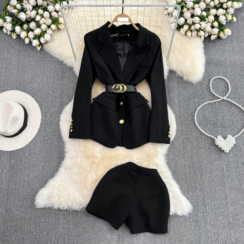 Women's Clothing Fashion suit for women Korean style mid length loose single breasted suit jacket two piece high waist slim wide leg shorts_voghion.com