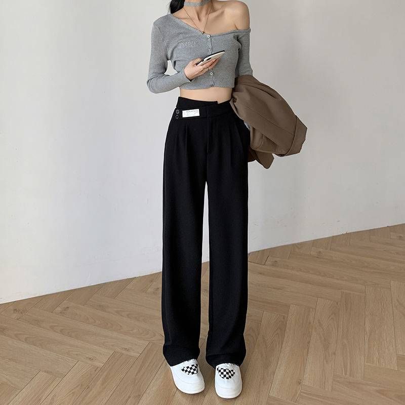 Wide-leg trousers for women with high waist and drape double-button casual loose floor-length straight suit pants_voghion.com