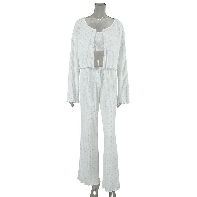 Women's Sleepwears Spring And Summer Knitted Love Jacquard Home Clothes Underwear Long Sleeved Trousers Three Piece Women's Pajamas_voghion.com
