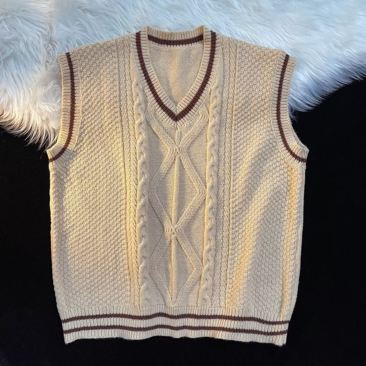 Gilet senza maniche a righe color-block da uomo – Capo invernale in maglia spessa, pullover casual con scollo a V (beige, M-2xl)_voghion.com